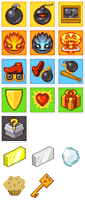 Bomber Power-Up Icons: pixel-art item sprite sheet, 32x32 px, 18 frames.