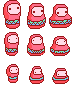 Red Hooded Blob: pixel-art character sprite sheet, 24x29 px, 9 frames (walk).