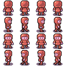 Red Bomber Walk Cycle: pixel-art character sprite sheet, 34x34 px, 16 frames (walk_up, walk_right, walk_down, walk_left).
