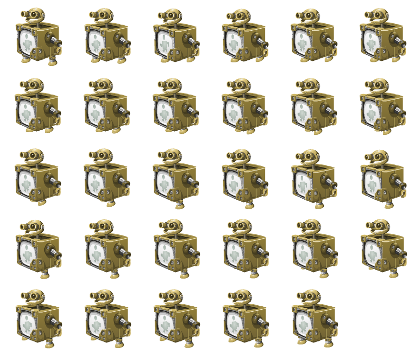 Crafty Robot Walk: hand-drawn character sprite sheet, 137x140 px, 29 frames (walk).
