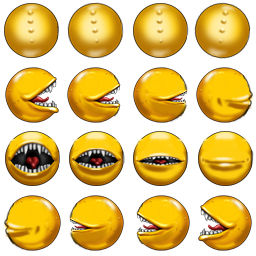Chomping Ball Monster: pixel-art character sprite sheet, 64x64 px, 16 frames (idle, chomp_left, chomp_front, chomp_right).