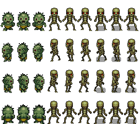 Zombie and Skeleton Walk: pixel-art character sprite sheet, 32x64 px, 36 frames (zombie_walk_down, zombie_walk_left, zombie_walk_right, zombie_walk_up, skeleton_walk_down, skeleton_walk_left, skeleton_walk_right, skeleton_walk_up).