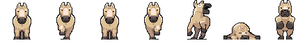 Palomino Horse Charge: pixel-art character sprite sheet, 63x66 px, 7 frames (charge, rear, fall, pose).