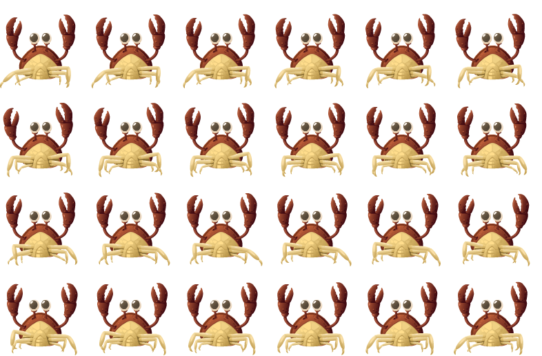 Red Crab Walk: hand-drawn character sprite sheet, 131x129 px, 24 frames (walk).