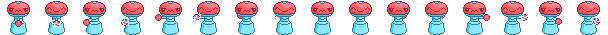 Mushroom Cannon Tower: pixel-art structure sprite sheet, 38x35 px, 16 frames (shoot).