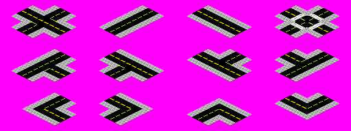 Isometric Toon Road Tiles: pixel-art tileset, 128x64 px tiles, 12 tiles.