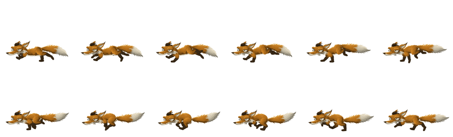 Orange Fox Run: hand-drawn character sprite sheet, 153x139 px, 12 frames (run).