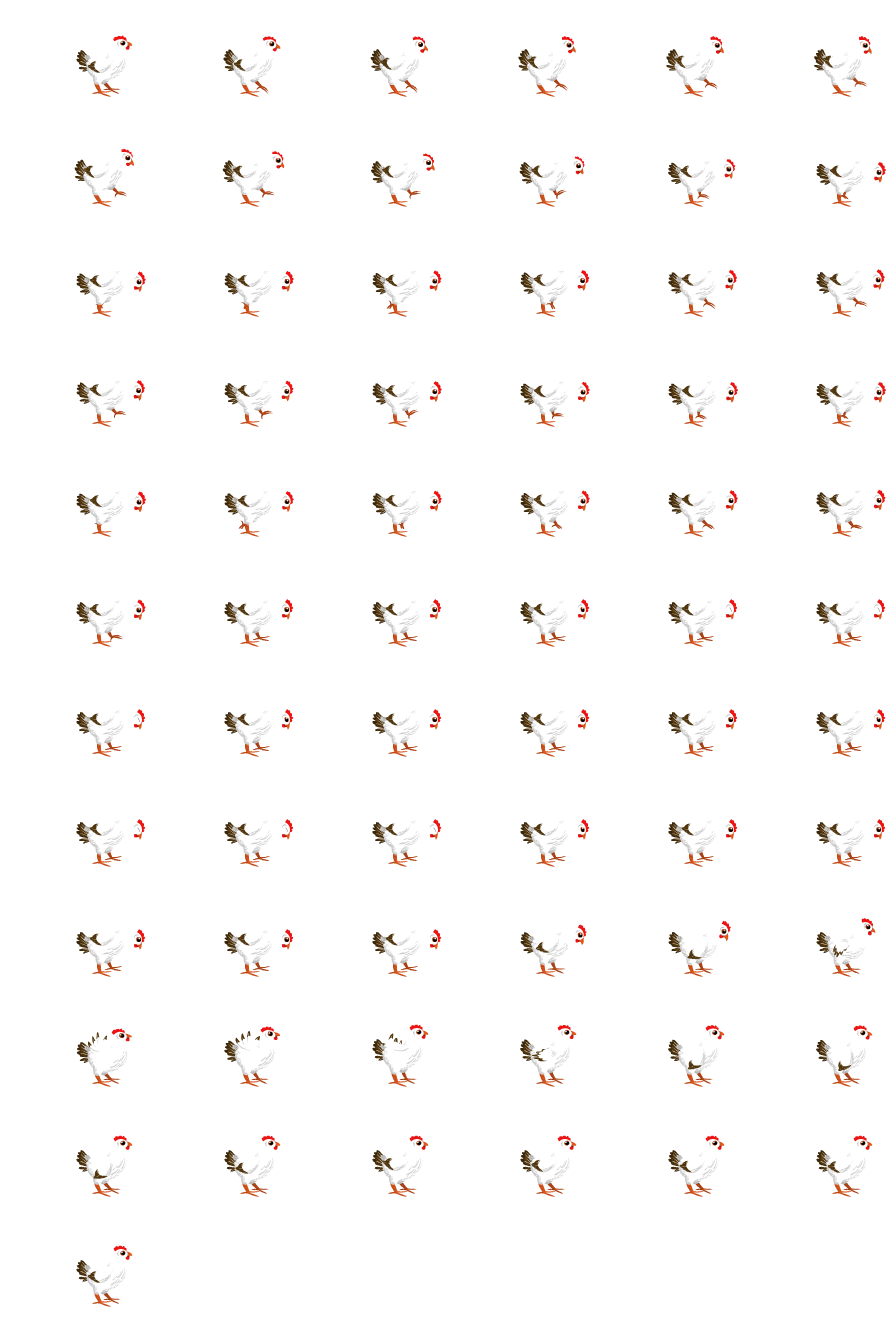 Chicken Idle: hand-drawn character sprite sheet, 148x110 px, 67 frames (idle).