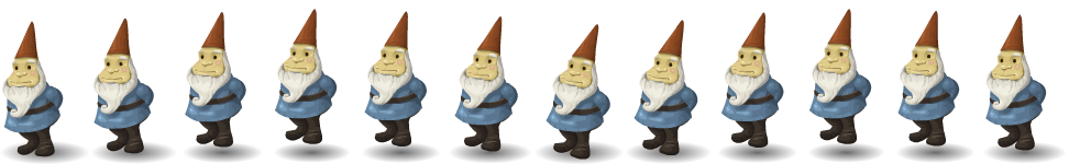 Garden Gnome Hop: hand-drawn character sprite sheet, 81x150 px, 12 frames (hop).