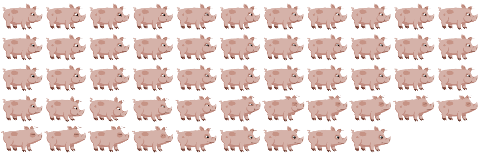 Pig Chewing: hand-drawn character sprite sheet, 88x62 px, 53 frames (chew).