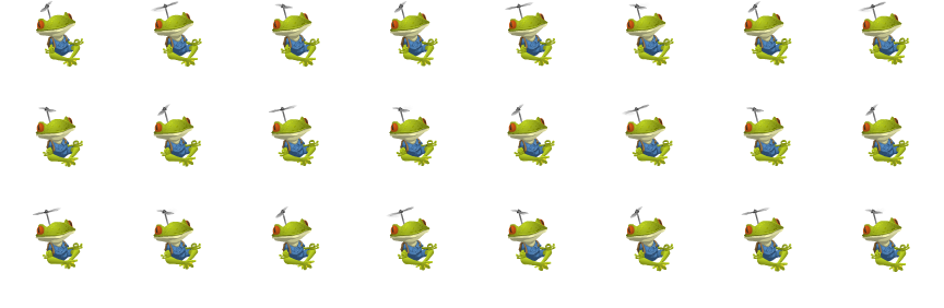 Yoga Frog Hop: hand-drawn character sprite sheet, 108x94 px, 24 frames (hop).
