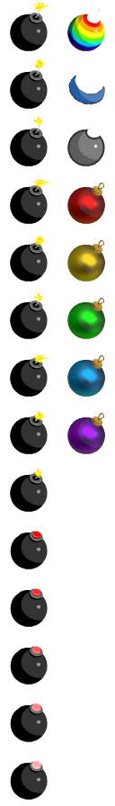 Bombs and Power Orbs: pixel-art item sprite sheet, 64x64 px, 22 frames (bomb_fuse).