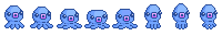 Blue Octopus Walk: pixel-art character sprite sheet, 25x33 px, 8 frames (walk).