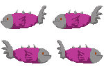 Bone Fish Swim: pixel-art character sprite sheet, 75x50 px, 4 frames (swim_left, swim_right).