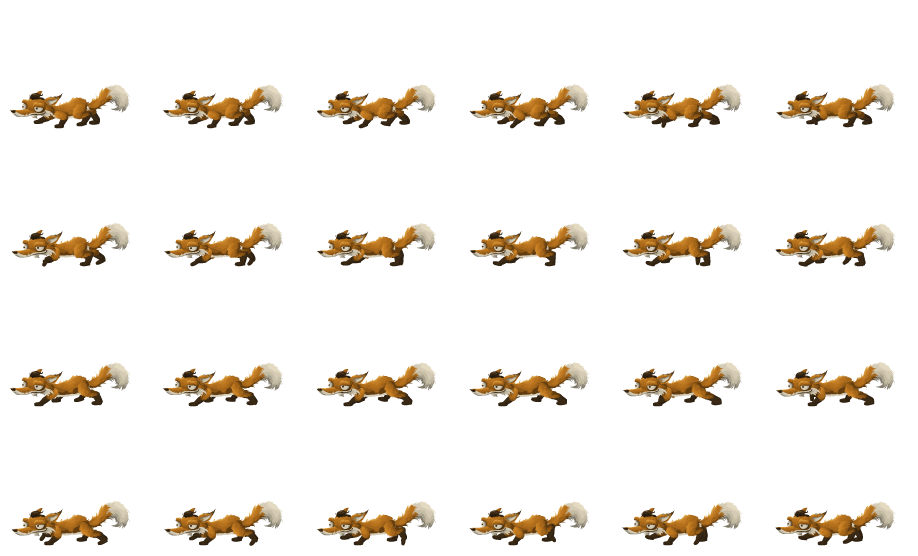 Orange Fox Walk: hand-drawn character sprite sheet, 153x139 px, 24 frames (walk).
