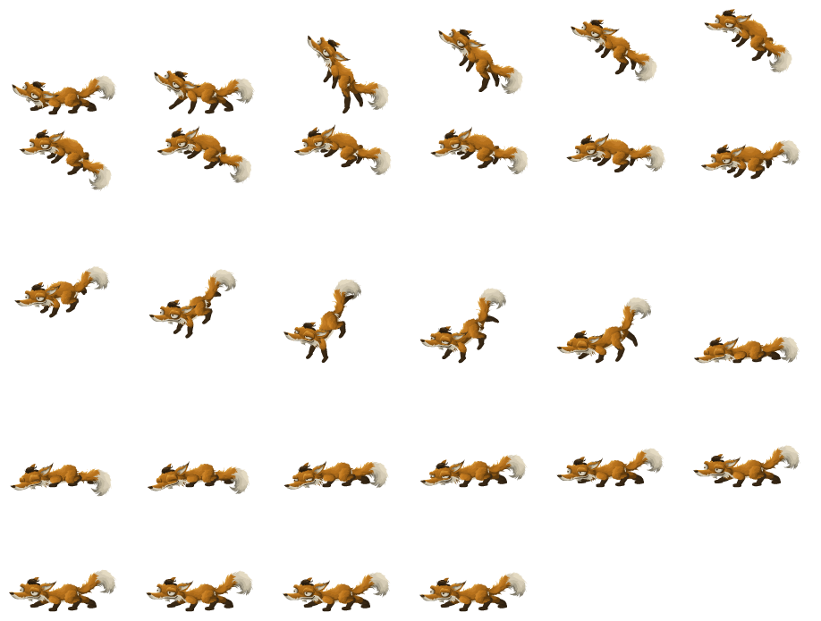 Orange Fox Jump: hand-drawn character sprite sheet, 153x139 px, 28 frames (jump).