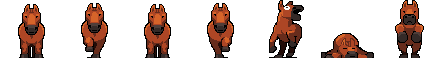 Chestnut Horse Charge: pixel-art character sprite sheet, 63x66 px, 7 frames (charge, rear, fall, pose).