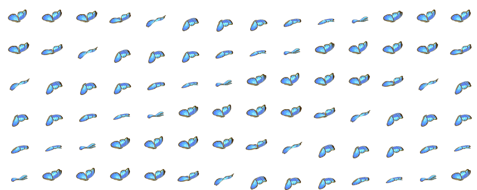 Blue Butterfly Flight: hand-drawn character sprite sheet, 70x65 px, 84 frames (fly).