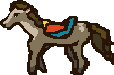Brown Saddled Horse: pixel-art character sprite, 114x75 px.