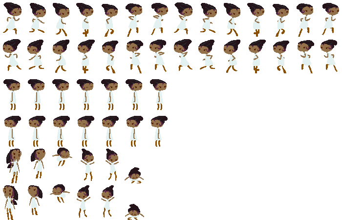 Girl Run, Idle, and Jump: pixel-art character sprite sheet, 50x75 px, 54 frames (run_right, run_left, idle_right, idle_left, jump_right, jump_left).