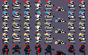Knight Squad Actions: pixel-art character sprite sheet, 16x16 px, 40 frames (red_run, blue_run, green_run, yellow_run, dark_run).