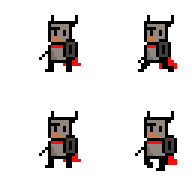 Horned Knight Walk: pixel-art character sprite sheet, 320x320 px, 4 frames (walk).