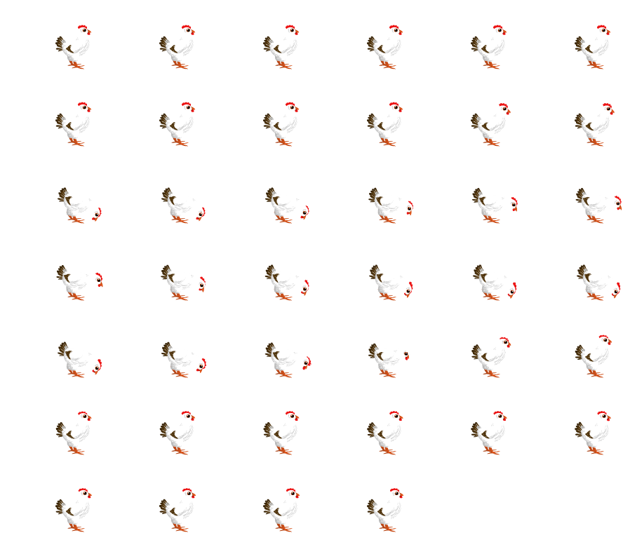 Chicken Pecking: hand-drawn character sprite sheet, 148x110 px, 40 frames (peck).