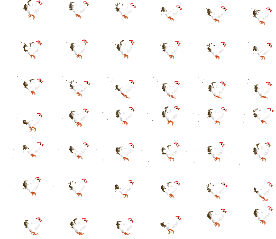 Chicken Flapping: hand-drawn character sprite sheet, 148x110 px, 42 frames (fly).