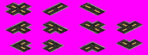 Isometric Asphalt Road Tiles: pixel-art tileset, 128x64 px tiles, 12 tiles.